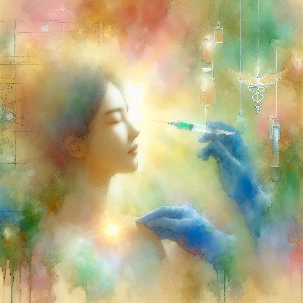 A vibrant Korean individual, bathed in radiant energy, receives a glowing vitamin C injection. Surrounded by subtle medical symbols and a gradient of vibrant orange and deep blue, the image embodies health and vitality. Minimalist design, high contrast, and emotional upliftment create a striking visual.