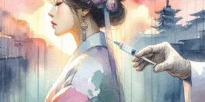A vibrant illustration of a Korean person receiving a vitamin C injection, with subtle, stylized background elements suggesting immune system enhancement and fatigue recovery. The injection site is highlighted, while soft, flowing lines and subtle color palettes portray a sense of health and vitality.