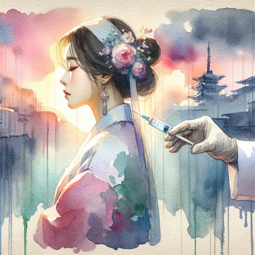 A vibrant illustration of a Korean person receiving a vitamin C injection, with subtle, stylized background elements suggesting immune system enhancement and fatigue recovery. The injection site is highlighted, while soft, flowing lines and subtle color palettes portray a sense of health and vitality.