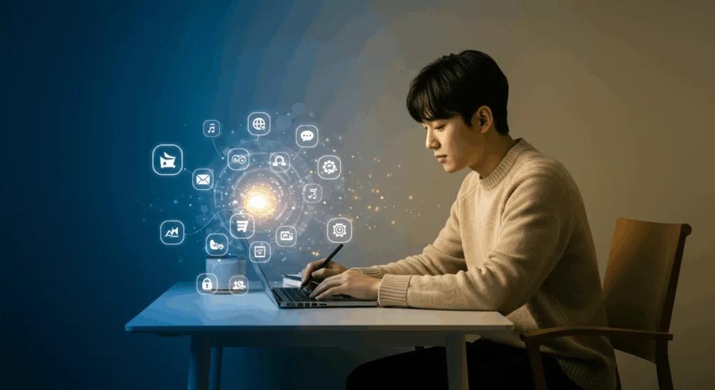A Korean person sitting at a minimalist desk with a laptop, surrounded by glowing icons, with a gradient background of calm blue and energetic yellow, high contrast, Korean minimalist design style