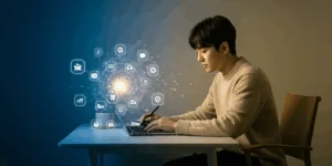 A Korean person sitting at a minimalist desk with a laptop, surrounded by glowing icons, with a gradient background of calm blue and energetic yellow, high contrast, Korean minimalist design style