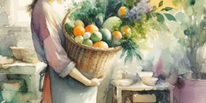 A vibrant, sun-drenched kitchen scene. A Korean woman, pregnant and radiant, holds a basket overflowing with colorful citrus fruits and fresh greens. High contrast highlights the textures and colors of the food and her clothing, creating a joyful, wholesome image.