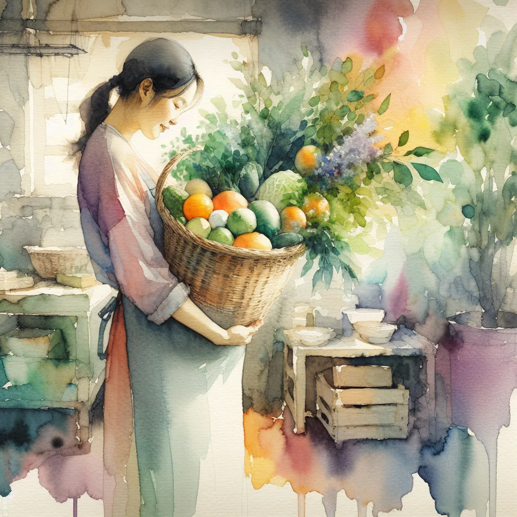 A vibrant, sun-drenched kitchen scene. A Korean woman, pregnant and radiant, holds a basket overflowing with colorful citrus fruits and fresh greens. High contrast highlights the textures and colors of the food and her clothing, creating a joyful, wholesome image.