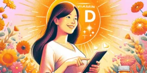 A radiant Korean woman, pregnant and smiling, stands in a sun-drenched garden bursting with flowers. She holds a tablet clearly displaying a vitamin D label, bathed in warm light. A subtle vitamin D supplement bottle is subtly present in the background, emphasizing the importance of vitamin D during pregnancy. High contrast and minimalist design.