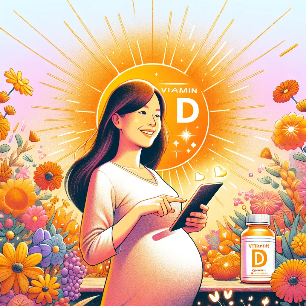 A radiant Korean woman, pregnant and smiling, stands in a sun-drenched garden bursting with flowers. She holds a tablet clearly displaying a vitamin D label, bathed in warm light. A subtle vitamin D supplement bottle is subtly present in the background, emphasizing the importance of vitamin D during pregnancy. High contrast and minimalist design.