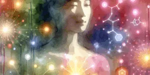 A Korean individual radiates health, surrounded by a vibrant, dynamic display of glowing vitamin C molecules and swirling antioxidant symbols. Minimalist background suggests vitality and wellness. High contrast and bold colors emphasize the concept.