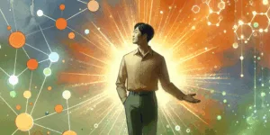A Korean individual radiates health, their skin glowing with vitality. Surrounded by vibrant, glowing vitamin C and antioxidant molecules, they stand confidently against a backdrop of dynamic orange and green, symbolizing protection and inner strength. Minimalist design emphasizes hope and wellness.