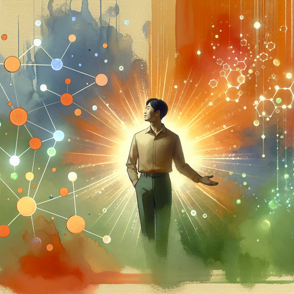 A Korean individual radiates health, their skin glowing with vitality. Surrounded by vibrant, glowing vitamin C and antioxidant molecules, they stand confidently against a backdrop of dynamic orange and green, symbolizing protection and inner strength. Minimalist design emphasizes hope and wellness.
