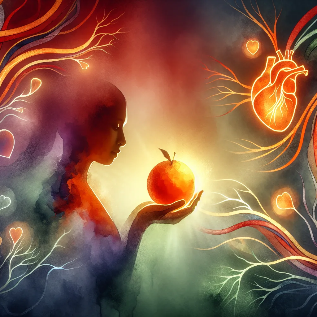 A Korean individual, radiating vitality, holds a luminous orange fruit. Glowing arteries and heart shapes surround them, against a gradient backdrop transitioning from deep crimson to a vibrant green. The image symbolizes cardiovascular health and the vibrant spirit of the person.
