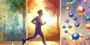 A Korean runner, energized by the crisp morning air, strides through a vibrant park. Surrounding them, glowing vitamin C molecules illuminate the scene, a visual representation of health and immunity. Autumn leaves paint the background in warm hues, contrasted by a clear blue sky, highlighting vitality and prevention.