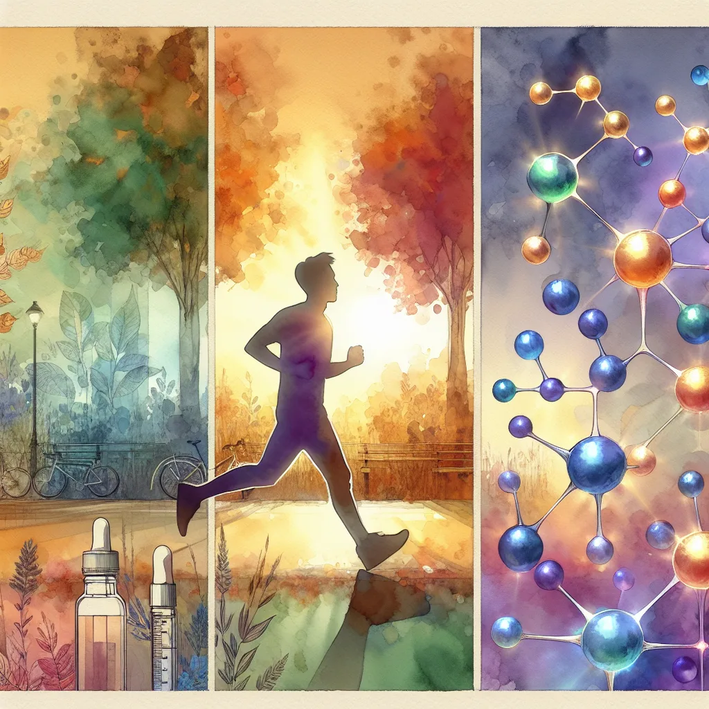 A Korean runner, energized by the crisp morning air, strides through a vibrant park. Surrounding them, glowing vitamin C molecules illuminate the scene, a visual representation of health and immunity. Autumn leaves paint the background in warm hues, contrasted by a clear blue sky, highlighting vitality and prevention.