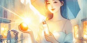 A vibrant, minimalist illustration of a Korean individual, radiating health and vitality, holds a glowing orange and a translucent collagen bottle. High-contrast background with sun rays and glowing skin. Citrus fruit and collagen capsules symbolize freshness and hope, evoking a feeling of confidence.