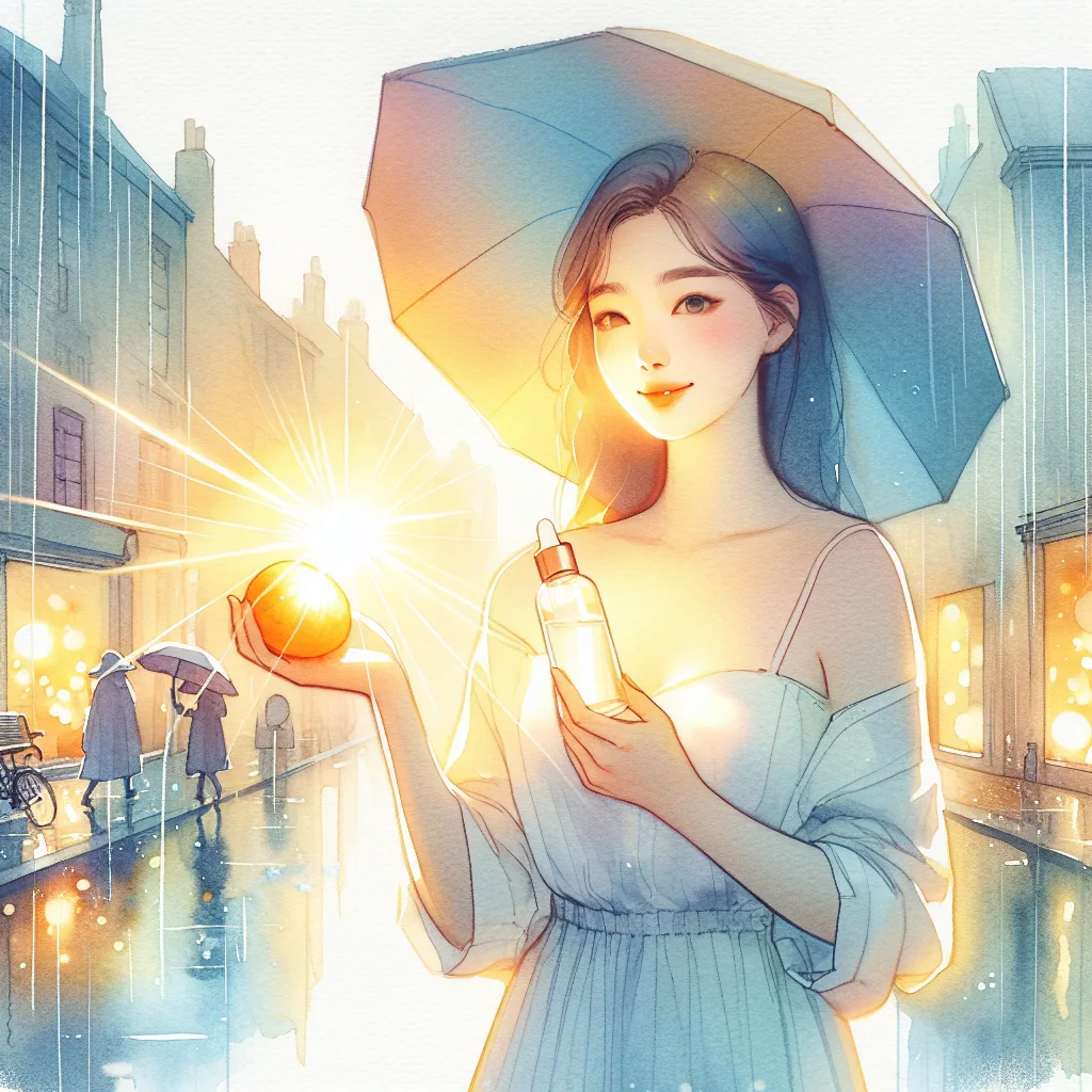 A vibrant, minimalist illustration of a Korean individual, radiating health and vitality, holds a glowing orange and a translucent collagen bottle. High-contrast background with sun rays and glowing skin. Citrus fruit and collagen capsules symbolize freshness and hope, evoking a feeling of confidence.