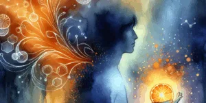 A vibrant Korean individual holds a glowing orange fruit, surrounded by swirling vitamin C molecules. Deep blue and bright orange form a high-contrast backdrop, with abstract shapes symbolizing health and vitality. The scene evokes energy, wellness, and protection.