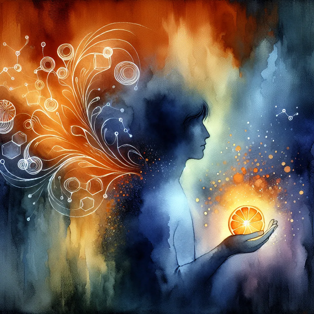 A vibrant Korean individual holds a glowing orange fruit, surrounded by swirling vitamin C molecules. Deep blue and bright orange form a high-contrast backdrop, with abstract shapes symbolizing health and vitality. The scene evokes energy, wellness, and protection.