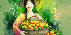 A vibrant illustration of a Korean person holding a basket filled with fresh fruits like oranges and lemons, surrounded by a green background with a subtle image of a vitamin C molecule. The person is smiling and looking healthy, emphasizing the importance of vitamin C in maintaining overall well-being. Use a high contrast color scheme with bright colors to highlight the freshness and vitality of the scene.