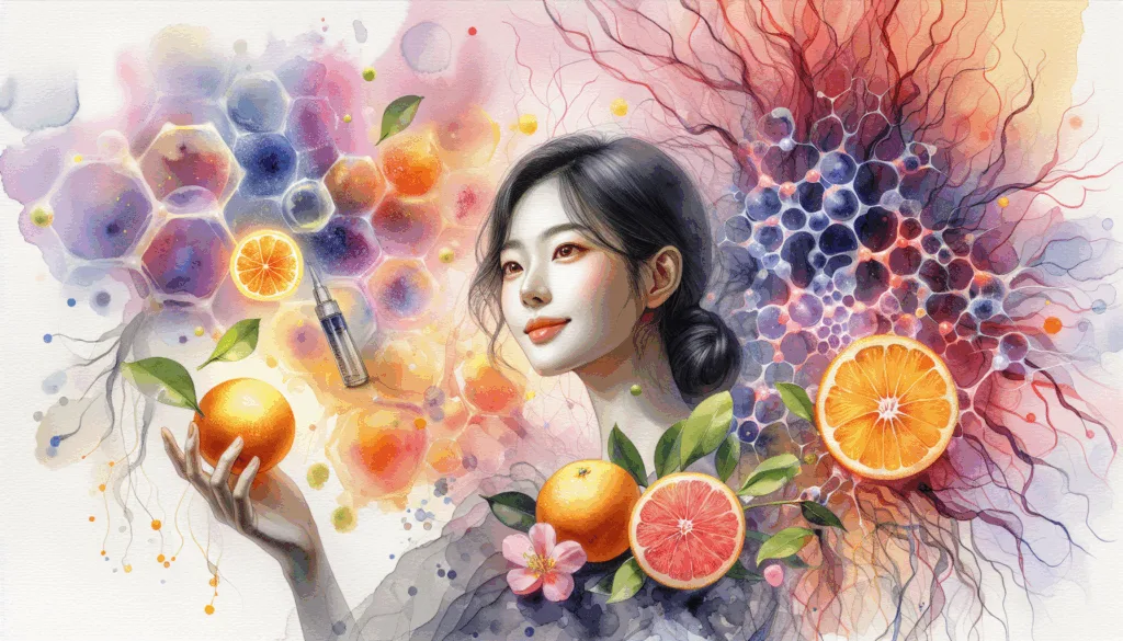 A vibrant and symbolic depiction of a Korean person holding fresh citrus fruits with glowing skin and healthy hair, standing confidently against a high-contrast background of vascular and collagen molecular structures. Emphasizes vitality, health, and rejuvenation with minimalist composition and vivid colors.