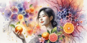 A vibrant and symbolic depiction of a Korean person holding fresh citrus fruits with glowing skin and healthy hair, standing confidently against a high-contrast background of vascular and collagen molecular structures. Emphasizes vitality, health, and rejuvenation with minimalist composition and vivid colors.