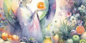 A Korean person, eyes alight with joy, holds a luminous orange slice. Surrounding them, a kaleidoscope of vibrant fruits and vegetables—red peppers, yellow bananas, purple grapes—burst with life. The scene is a symbolic representation of Korean bounty and healthy living.