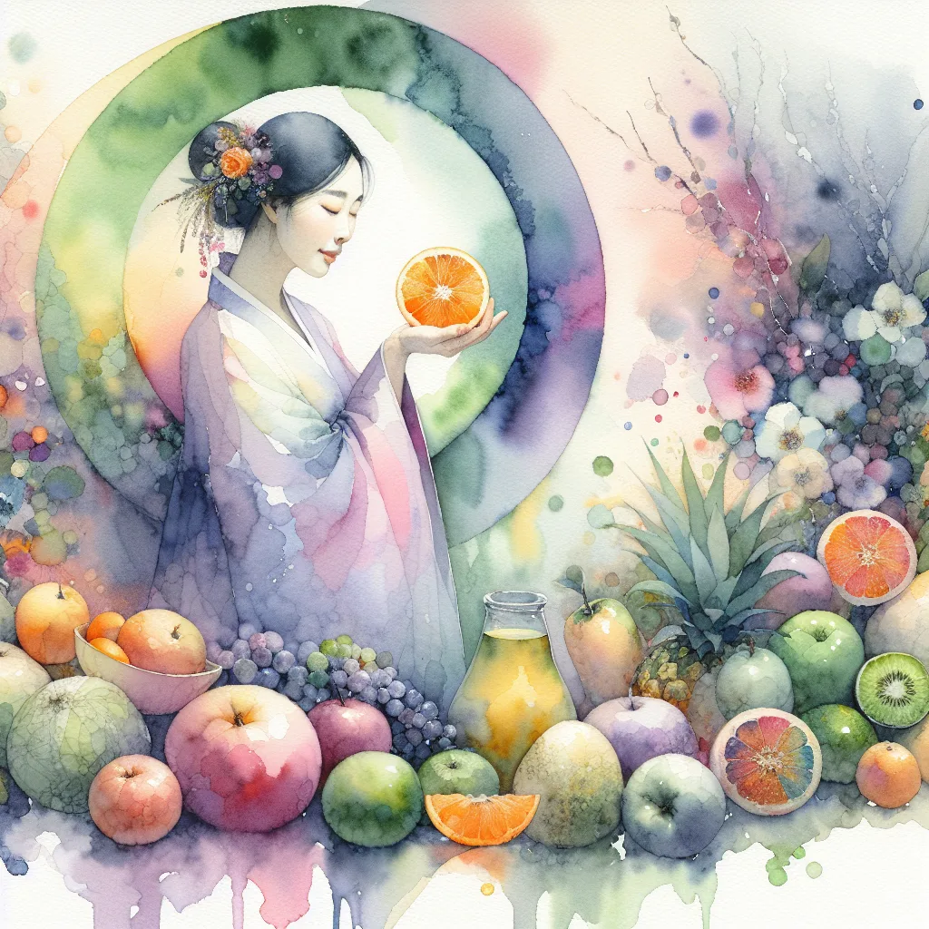 A Korean person, eyes alight with joy, holds a luminous orange slice. Surrounding them, a kaleidoscope of vibrant fruits and vegetables—red peppers, yellow bananas, purple grapes—burst with life. The scene is a symbolic representation of Korean bounty and healthy living.