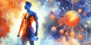 A Korean athlete, vibrant in orange athletic wear, stands poised against a dynamic backdrop of swirling, abstract oxygen molecules and antioxidant symbols in deep blue. Glowing, sculpted muscles highlight powerful energy and recovery. High contrast, minimalist design.