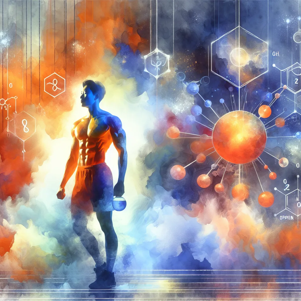 A Korean athlete, vibrant in orange athletic wear, stands poised against a dynamic backdrop of swirling, abstract oxygen molecules and antioxidant symbols in deep blue. Glowing, sculpted muscles highlight powerful energy and recovery. High contrast, minimalist design.