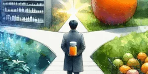 A Korean person stands at a crossroads, one hand holding a vibrant orange, the other a vitamin C tablet. A lush orchard contrasts sharply with a modern pharmacy shelf, symbolizing a choice between natural and supplemental health. Hopeful and decisive, the image is a vibrant visual statement.