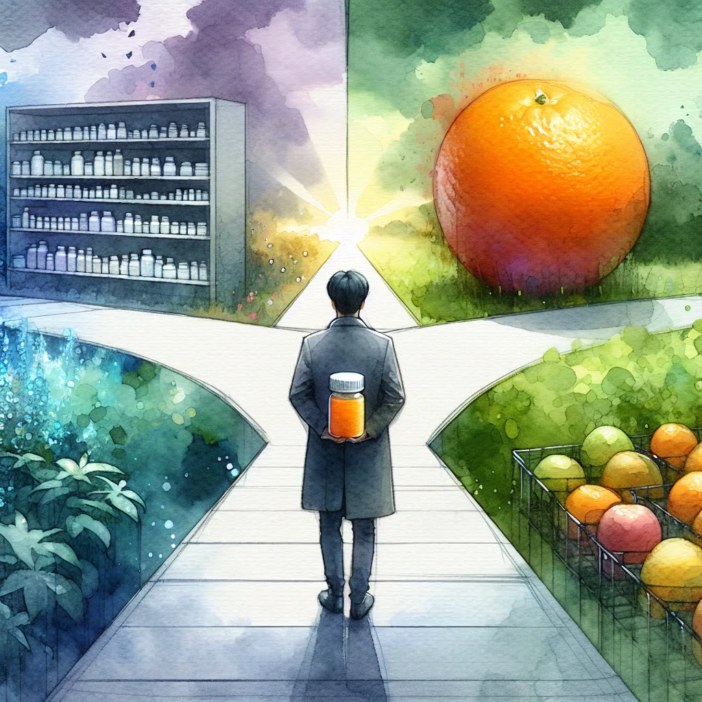 A Korean person stands at a crossroads, one hand holding a vibrant orange, the other a vitamin C tablet. A lush orchard contrasts sharply with a modern pharmacy shelf, symbolizing a choice between natural and supplemental health. Hopeful and decisive, the image is a vibrant visual statement.