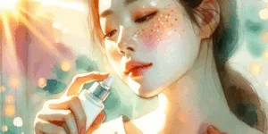Soft sunlight illuminates a Korean person's radiant skin as they gently apply vitamin C serum. Delicate freckles and subtle melanin spots fade subtly in the background, highlighting the clear, healthy complexion. A symbol of youthful, vibrant beauty.