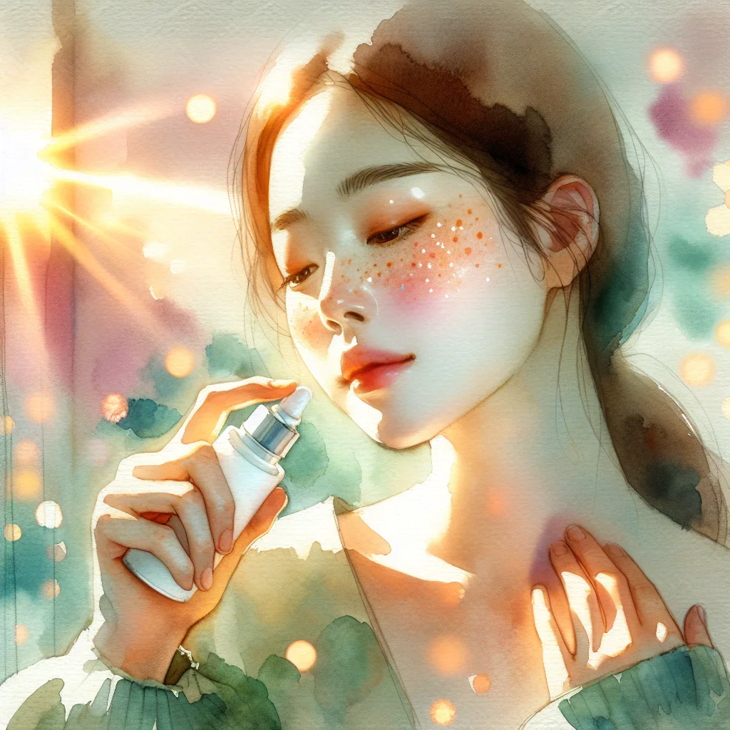 Soft sunlight illuminates a Korean person's radiant skin as they gently apply vitamin C serum. Delicate freckles and subtle melanin spots fade subtly in the background, highlighting the clear, healthy complexion. A symbol of youthful, vibrant beauty.