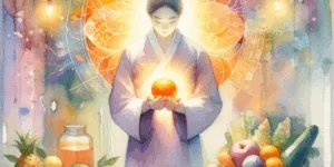 A Korean individual, radiating vitality, holds a luminous orange amidst a bounty of fresh fruits and vegetables. Vibrant colors and abstract wellness symbols create a high-contrast, minimalist backdrop, emphasizing the energy and health benefits of Vitamin C. Emotionally uplifting and visually striking.