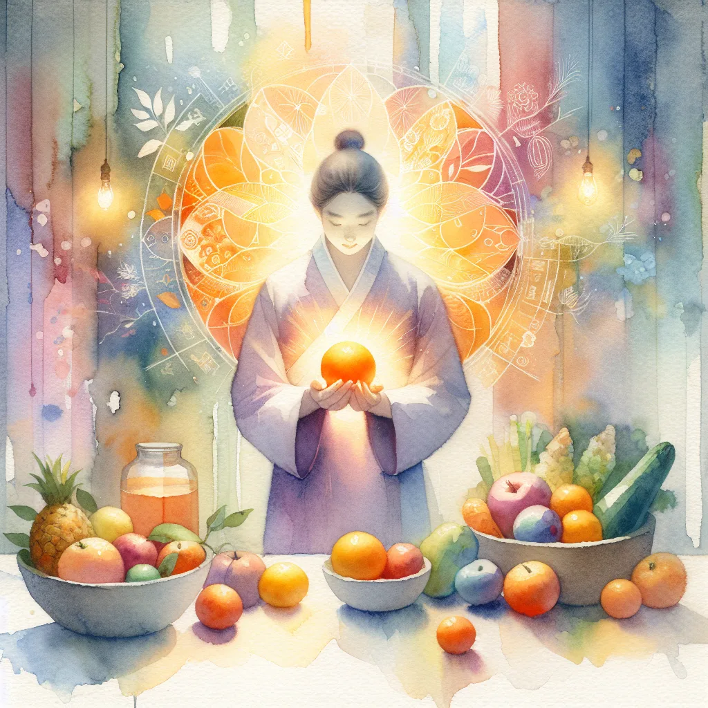 A Korean individual, radiating vitality, holds a luminous orange amidst a bounty of fresh fruits and vegetables. Vibrant colors and abstract wellness symbols create a high-contrast, minimalist backdrop, emphasizing the energy and health benefits of Vitamin C. Emotionally uplifting and visually striking.