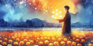 A vibrant Korean person stands amidst a bounty of fresh citrus fruit, glowing with health. They hold a luminous vitamin C molecule, against a gradient backdrop of vibrant orange and blue. The high contrast highlights the person's energy and the richness of the produce.