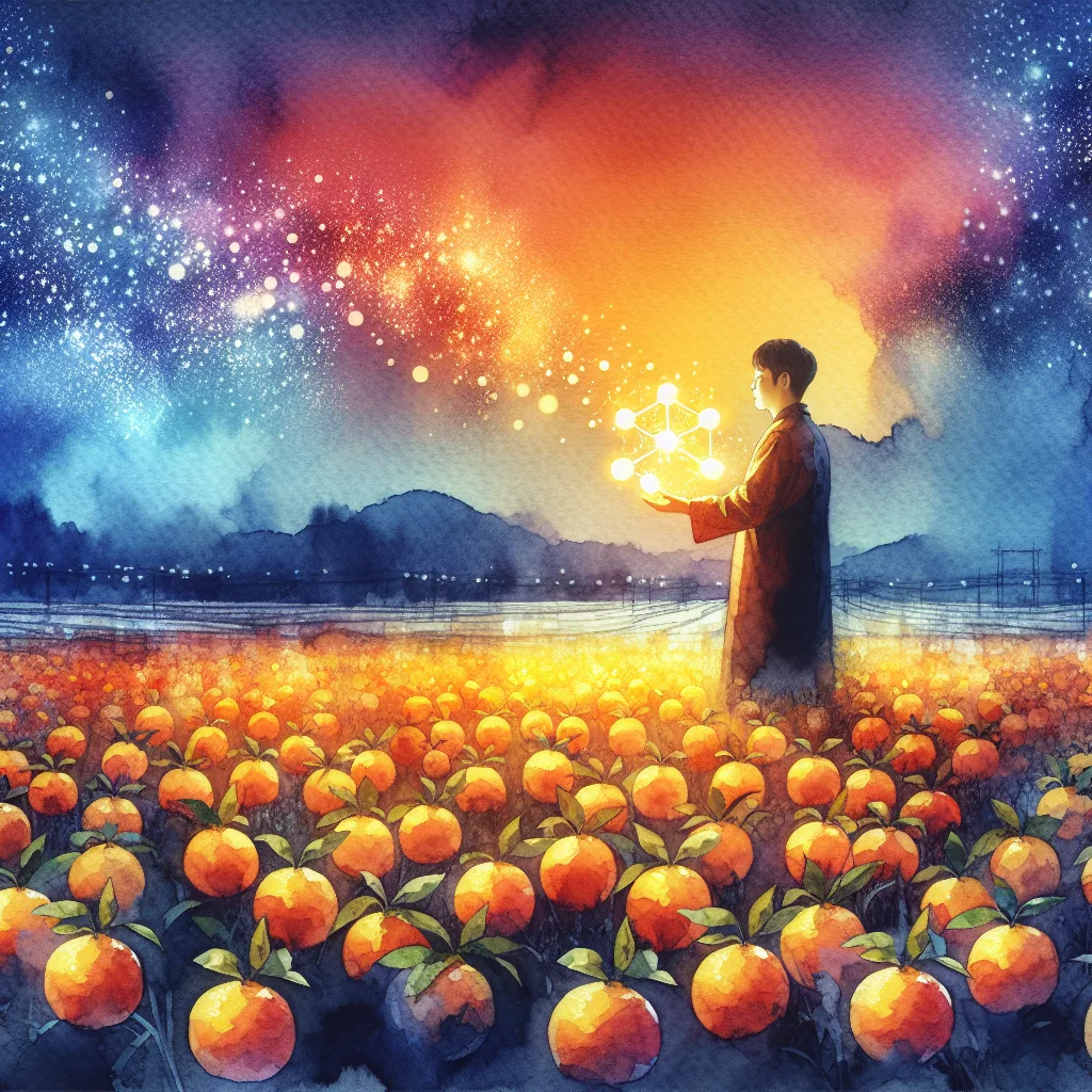 A vibrant Korean person stands amidst a bounty of fresh citrus fruit, glowing with health. They hold a luminous vitamin C molecule, against a gradient backdrop of vibrant orange and blue. The high contrast highlights the person's energy and the richness of the produce.