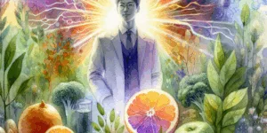 A Korean individual, radiating health and vitality, stands amidst a vibrant explosion of glowing citrus fruits and verdant leafy greens. Abstract, glowing immune cells form a dynamic backdrop, highlighting the concept of robust well-being. The imagery is symbolic of Korean health and the bounty of nature.