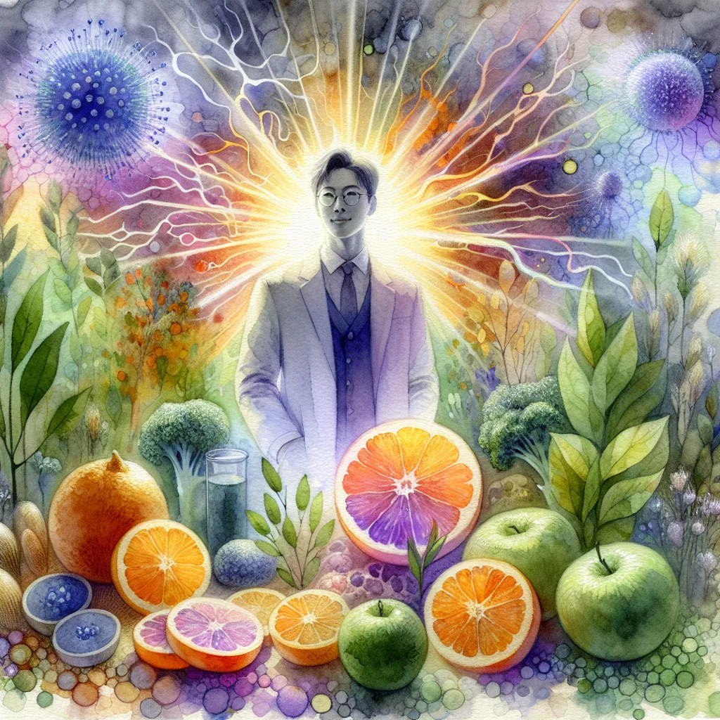 A Korean individual, radiating health and vitality, stands amidst a vibrant explosion of glowing citrus fruits and verdant leafy greens. Abstract, glowing immune cells form a dynamic backdrop, highlighting the concept of robust well-being. The imagery is symbolic of Korean health and the bounty of nature.