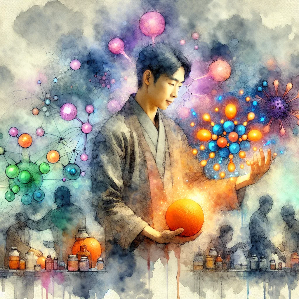 A Korean individual radiates confidence, holding a vibrant orange fruit. Surrounding them, glowing immune cells and antioxidant molecules swirl in a vibrant display of health and vitality. A powerful symbol of Korean well-being and the body's natural defense system.