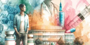 A vibrant, confident Korean figure stands before a brightly lit hospital, radiating hope. Bold colors accentuate determination. A syringe and vitamin C bottle, subtly placed in the background, symbolize the ongoing fight against cancer. High contrast emphasizes the strength and resilience of the individual.