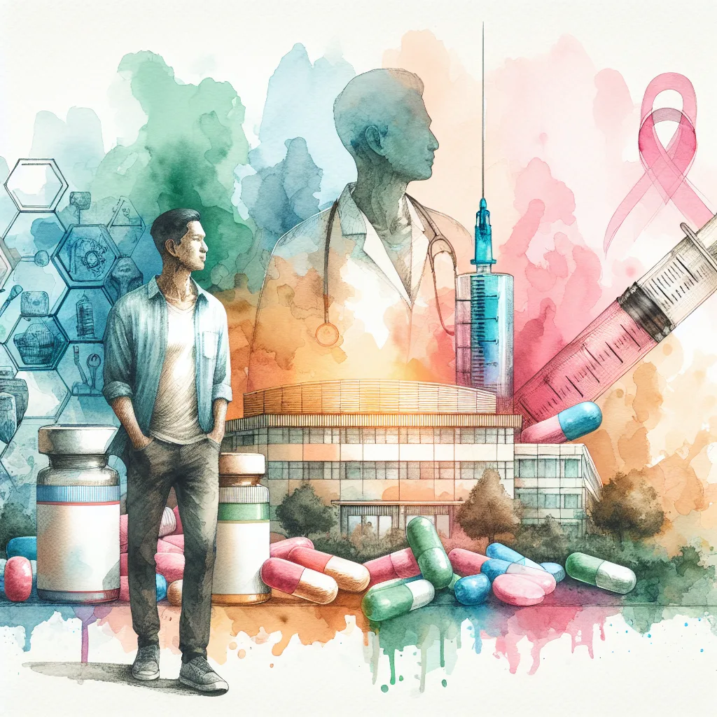 A vibrant, confident Korean figure stands before a brightly lit hospital, radiating hope. Bold colors accentuate determination. A syringe and vitamin C bottle, subtly placed in the background, symbolize the ongoing fight against cancer. High contrast emphasizes the strength and resilience of the individual.