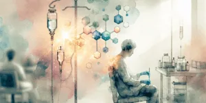 A Korean individual calmly receives an IV infusion in a bright, sterile clinic. Glowing vitamin C molecules and a soft sunrise backdrop symbolize health and recovery. High contrast, vibrant colors emphasize the peaceful scene.