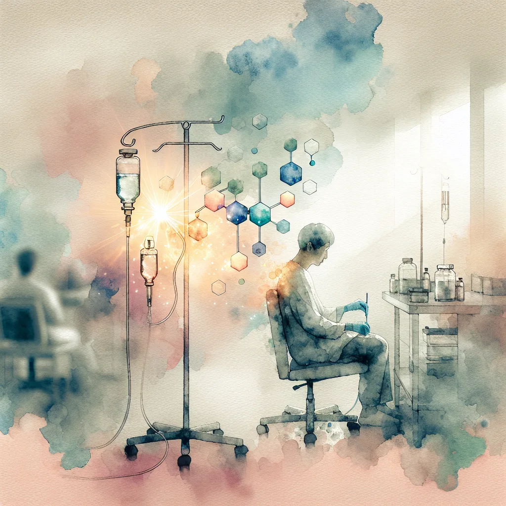 A Korean individual calmly receives an IV infusion in a bright, sterile clinic. Glowing vitamin C molecules and a soft sunrise backdrop symbolize health and recovery. High contrast, vibrant colors emphasize the peaceful scene.