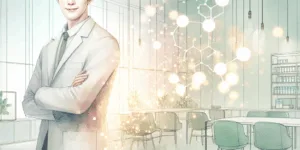 A confident Korean person stands in a modern, clean clinic, illuminated by glowing vitamin C molecules. The subtle medical backdrop enhances the vibrant, high-contrast illustration.