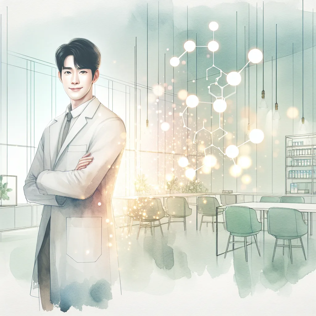 A confident Korean person stands in a modern, clean clinic, illuminated by glowing vitamin C molecules. The subtle medical backdrop enhances the vibrant, high-contrast illustration.