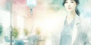 Sunlight streamed through the modern hospital windows, illuminating a confident Korean woman. She stood tall, her gaze focused ahead, amidst sterile white walls. A glowing, vibrant IV bag of vitamin C solution rested on a nearby table, its light echoing her inner strength. A potent symbol of resilience and health in a technological landscape.