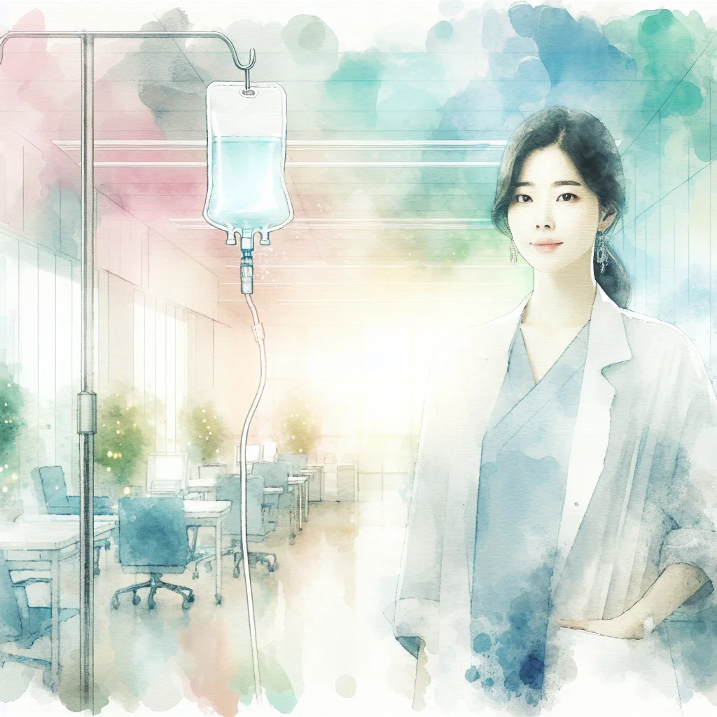 Sunlight streamed through the modern hospital windows, illuminating a confident Korean woman. She stood tall, her gaze focused ahead, amidst sterile white walls. A glowing, vibrant IV bag of vitamin C solution rested on a nearby table, its light echoing her inner strength. A potent symbol of resilience and health in a technological landscape.