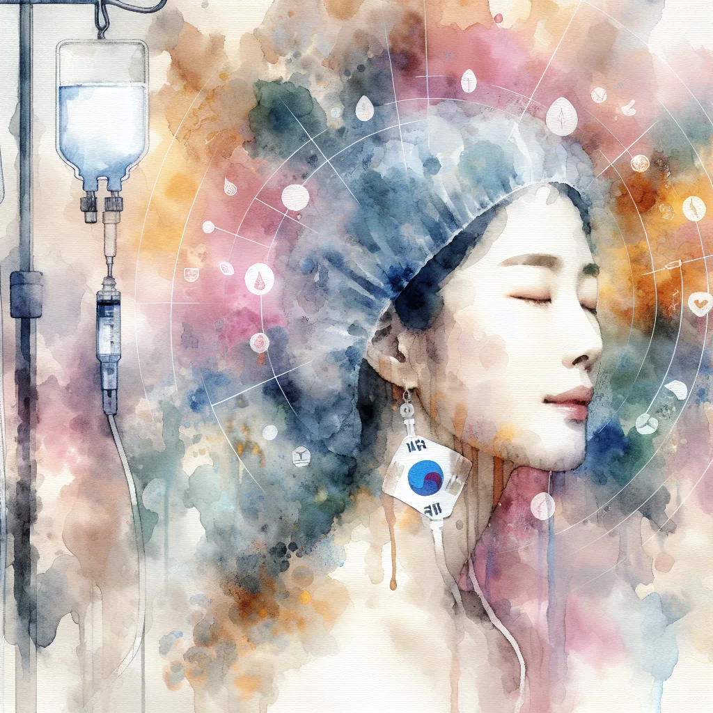 A Korean individual, bathed in soft, vibrant light, receives an IV drip of Vitamin C. Intricate, glowing symbols of health and energy swirl around them, contrasting with subtle, fading silhouettes of fatigue in the background. Hopeful, minimalist imagery evokes a powerful sense of rejuvenation and well-being.