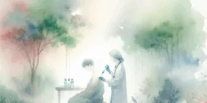 A vibrant Korean individual, bathed in a glowing aura of immunity and antioxidants, receives a vitamin C injection. The illustration showcases the healthy glow and energy associated with the treatment. Bright, colorful imagery emphasizes the restorative power of vitamins.
