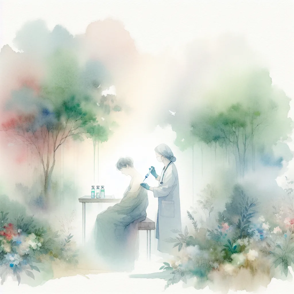 A vibrant Korean individual, bathed in a glowing aura of immunity and antioxidants, receives a vitamin C injection. The illustration showcases the healthy glow and energy associated with the treatment. Bright, colorful imagery emphasizes the restorative power of vitamins.