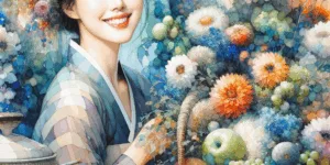 A vibrant illustration of a Korean person with glowing skin, smiling, surrounded by vitamin C-rich fruits and flowers. A soft, gradient blue background symbolizes serenity and wellness. The image promotes healthy beauty and a sense of peace.