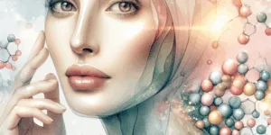 Radiant, youthful skin glows under soft natural light. Vitamin C molecules and collagen fibers intertwine in the background, symbolizing skin rejuvenation and anti-aging. High contrast, vibrant image.